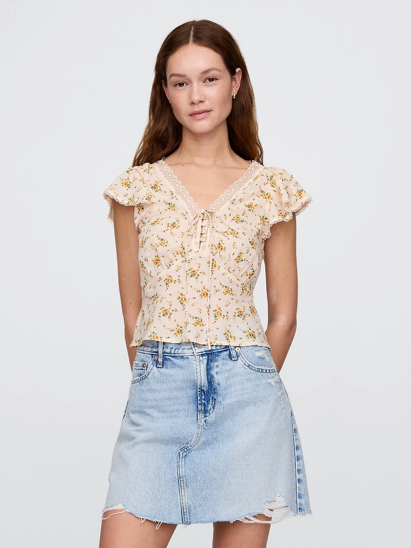 Lace-Trim Floral Top