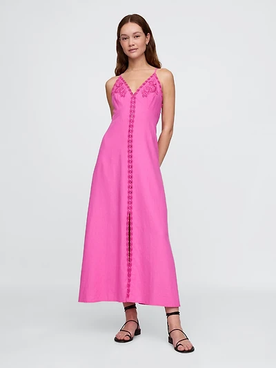 Linen-Blend Embroidered Halter Maxi Dress