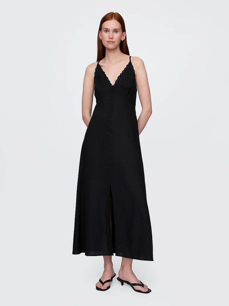 Linen-Blend Embroidered Halter Maxi Dress