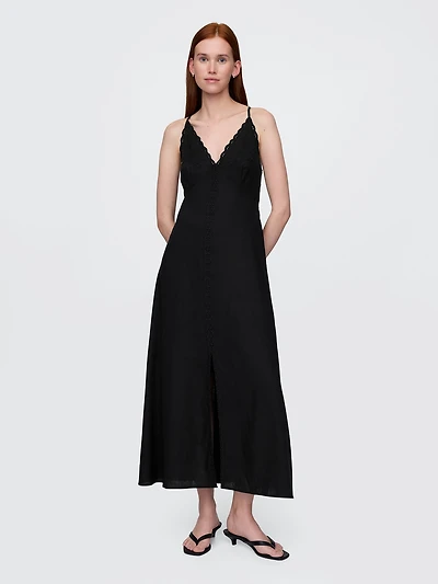 Linen-Blend Embroidered Halter Maxi Dress