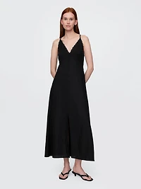 Linen-Blend Embroidered Halter Maxi Dress