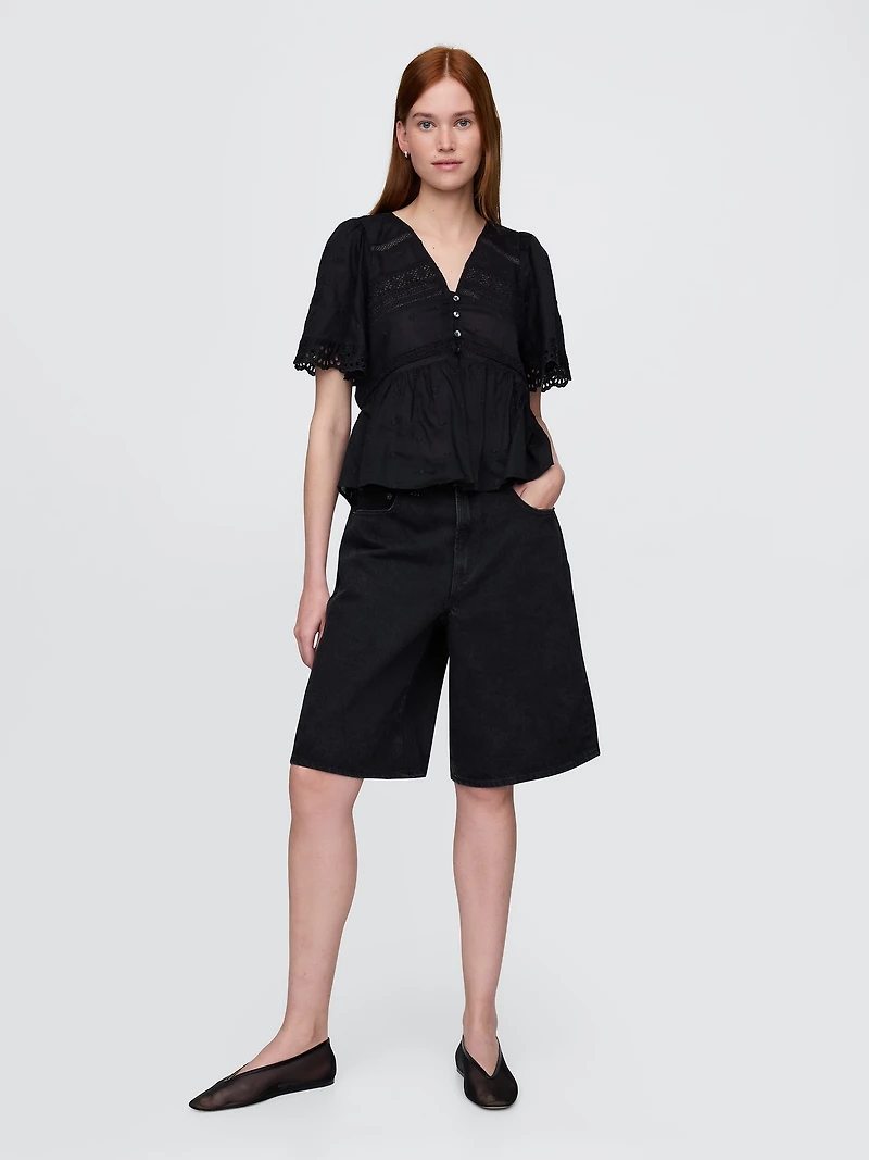 Lace-Trim Flutter-Sleeve Top