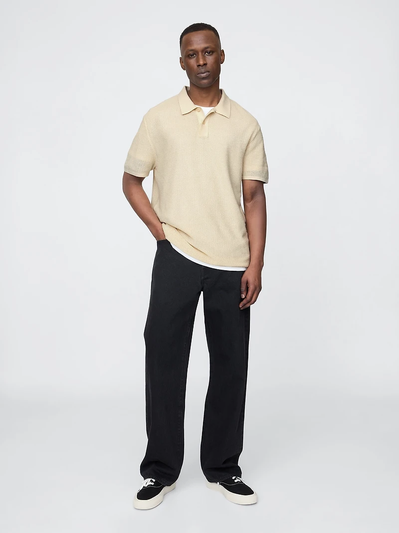 Textured Crochet Polo Shirt Sweater