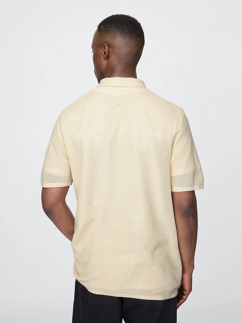 Textured Crochet Polo Shirt Sweater