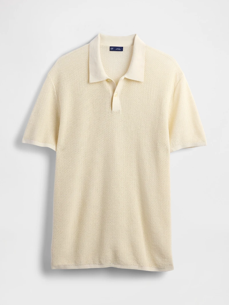 Textured Crochet Polo Shirt Sweater