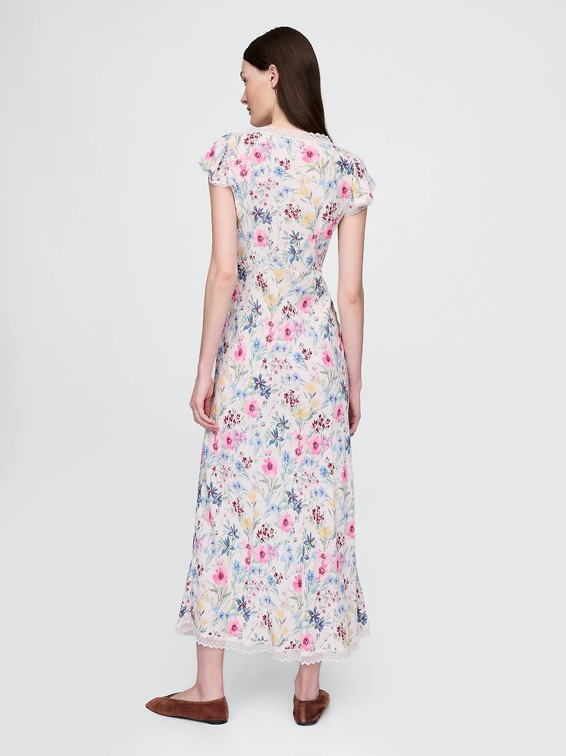 Lace-Trim V-Neck Crepe Maxi Dress