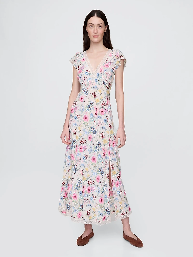 Lace-Trim V-Neck Crepe Maxi Dress