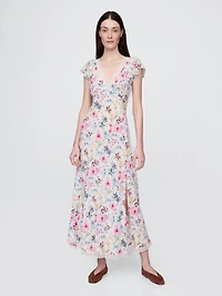 Lace-Trim V-Neck Crepe Maxi Dress