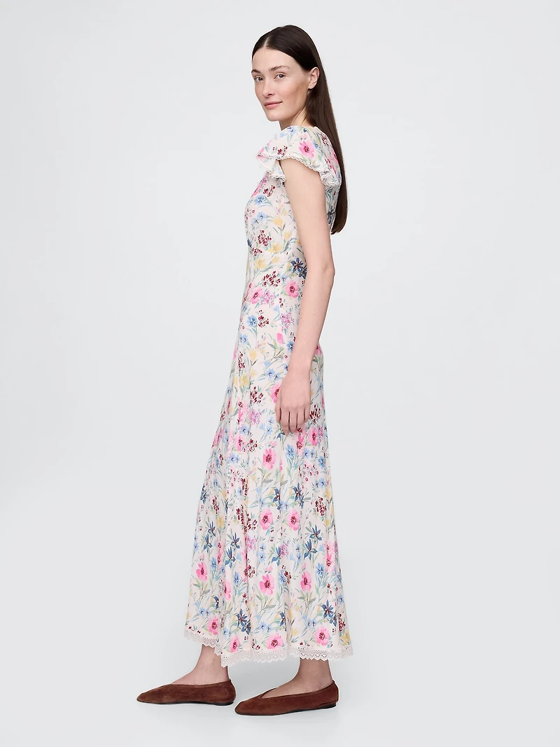 Lace-Trim V-Neck Crepe Maxi Dress