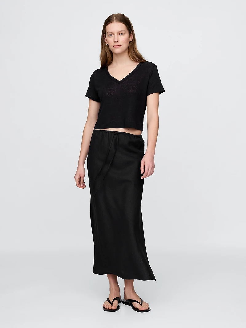 Linen-Blend V-Neck Crop T-Shirt