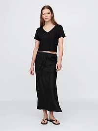 Linen-Blend V-Neck Crop T-Shirt