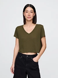 Linen-Blend V-Neck Crop T-Shirt