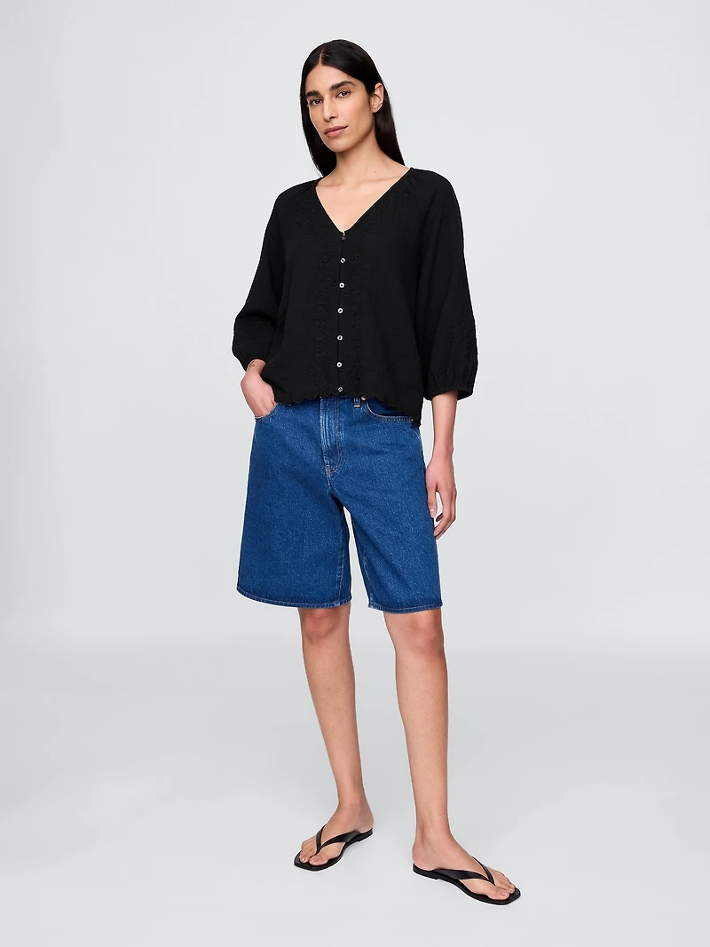 Cotton Gauze Embroidered V-Neck Top