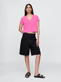 Linen-Blend V-Neck Crop T-Shirt