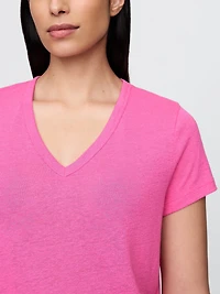 Linen-Blend V-Neck Crop T-Shirt