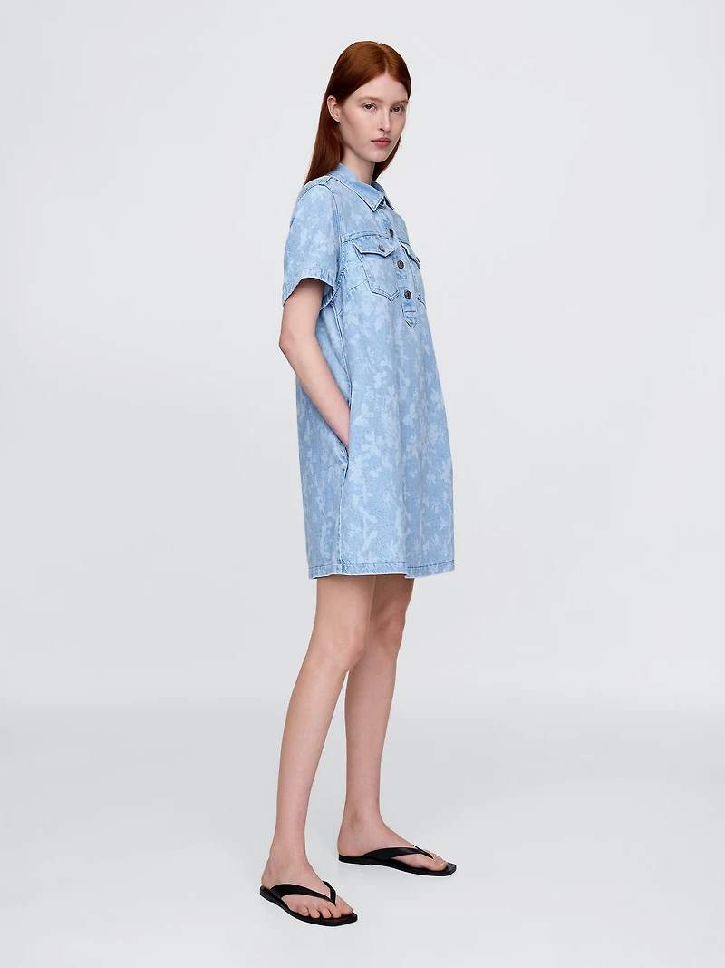 UltraSoft Denim Floral Popover Mini Dress