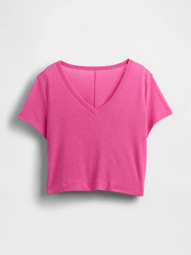 Linen-Blend V-Neck Crop T-Shirt