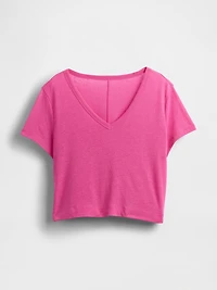 Linen-Blend V-Neck Crop T-Shirt