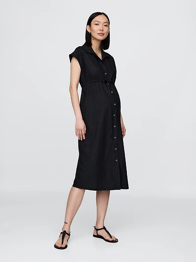 Maternity Linen-Blend Midi Shirtdress