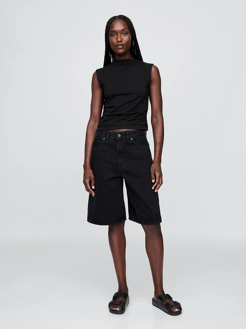 Modern Funnel-Neck Ruched Cropped Tank Top