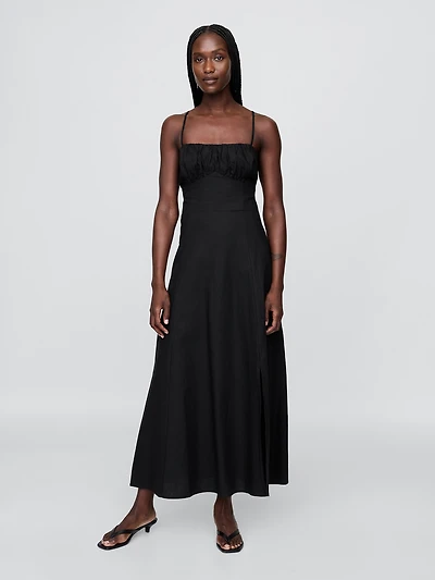 Linen-Blend Shirred Bodice Maxi Dress