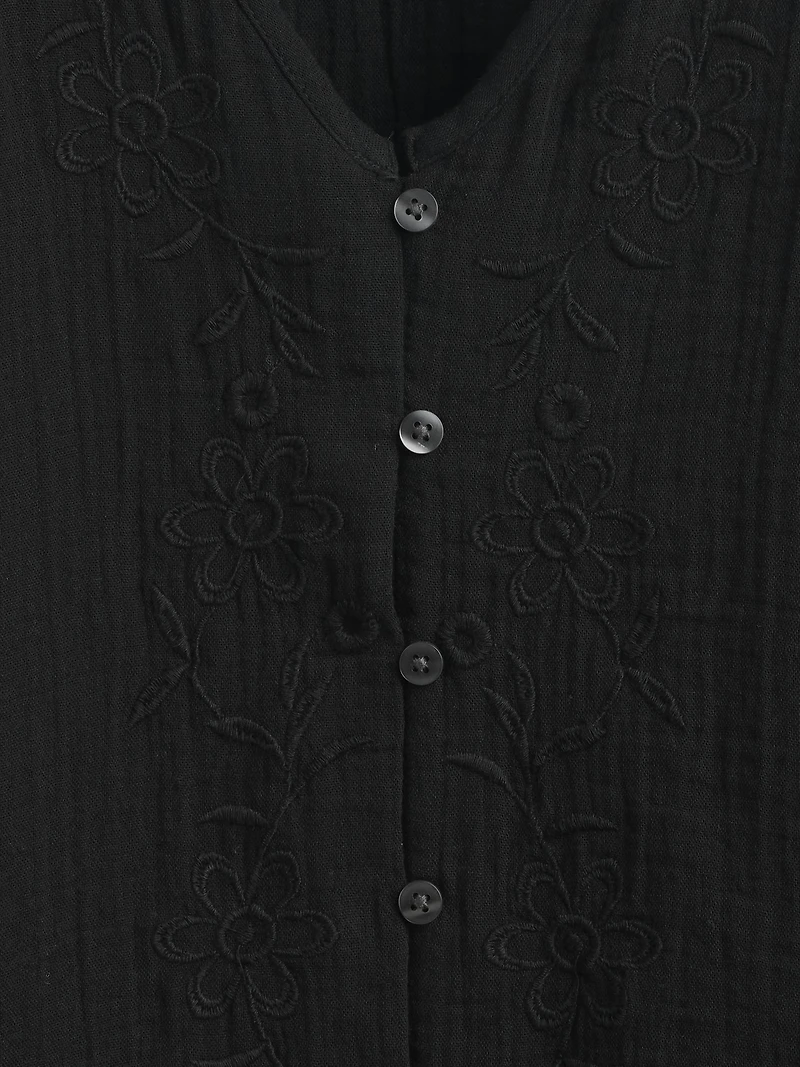 Cotton Gauze Embroidered V-Neck Top