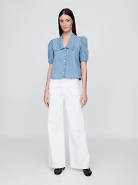 Denim Puff-Sleeve Collared Shirt