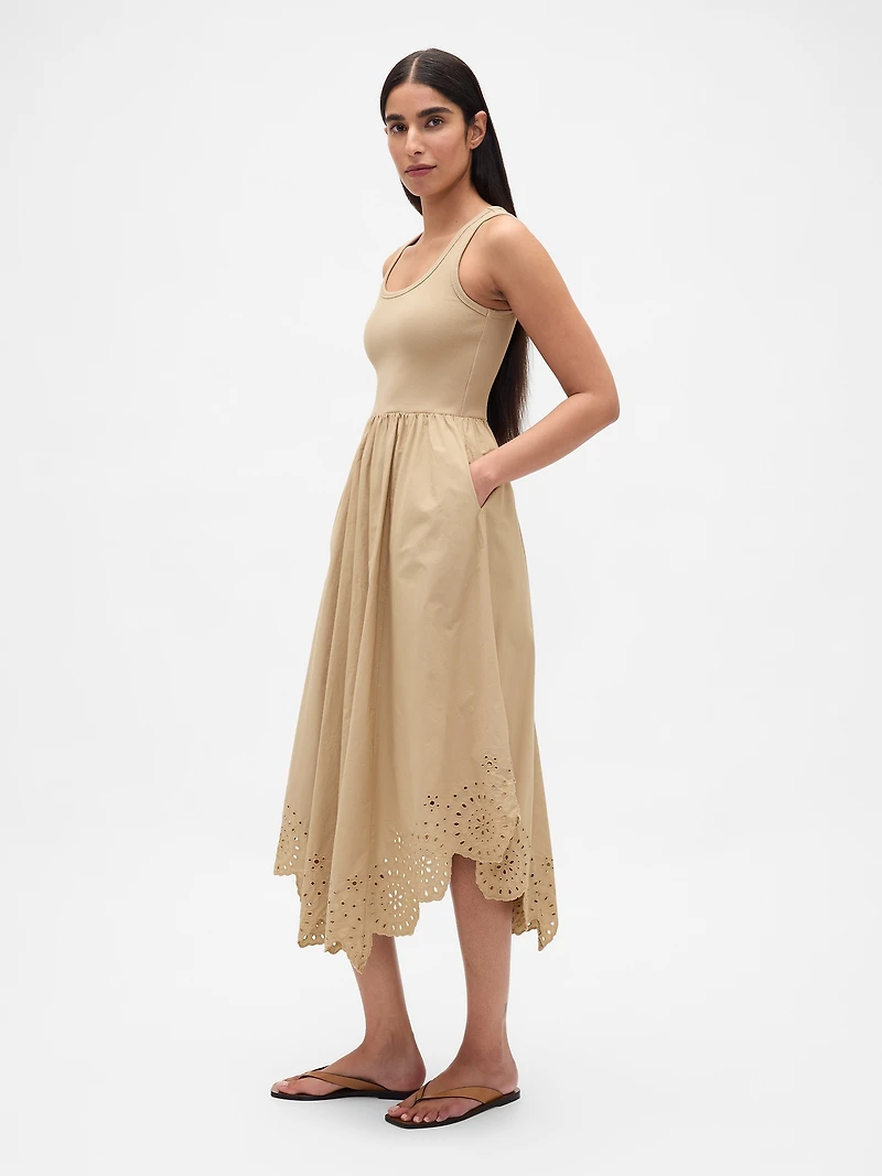 Mixed Media Handkerchief Hem Midi Dress