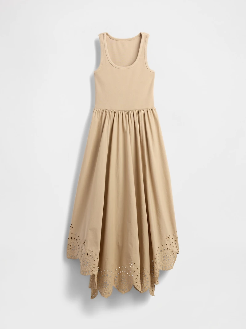 Mixed Media Handkerchief Hem Midi Dress