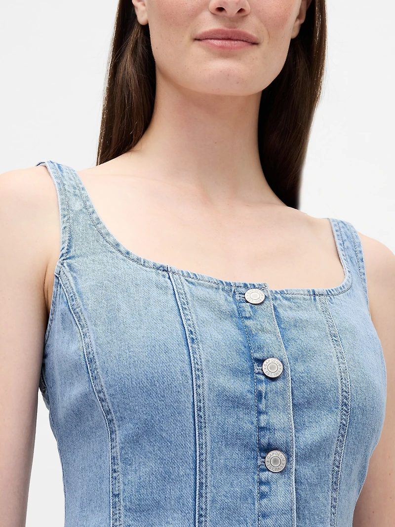 Denim Seamed Button-Front Maxi Dress