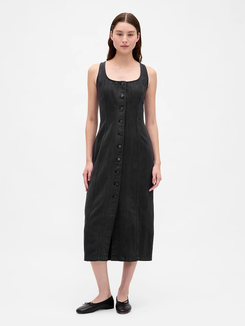 Seamed Button-Front Midi Dress