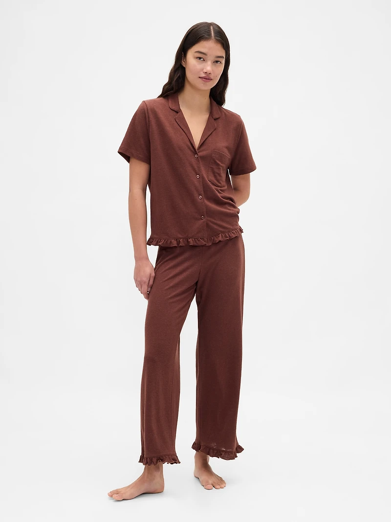 Linen-Blend Ruffle PJ Shirt