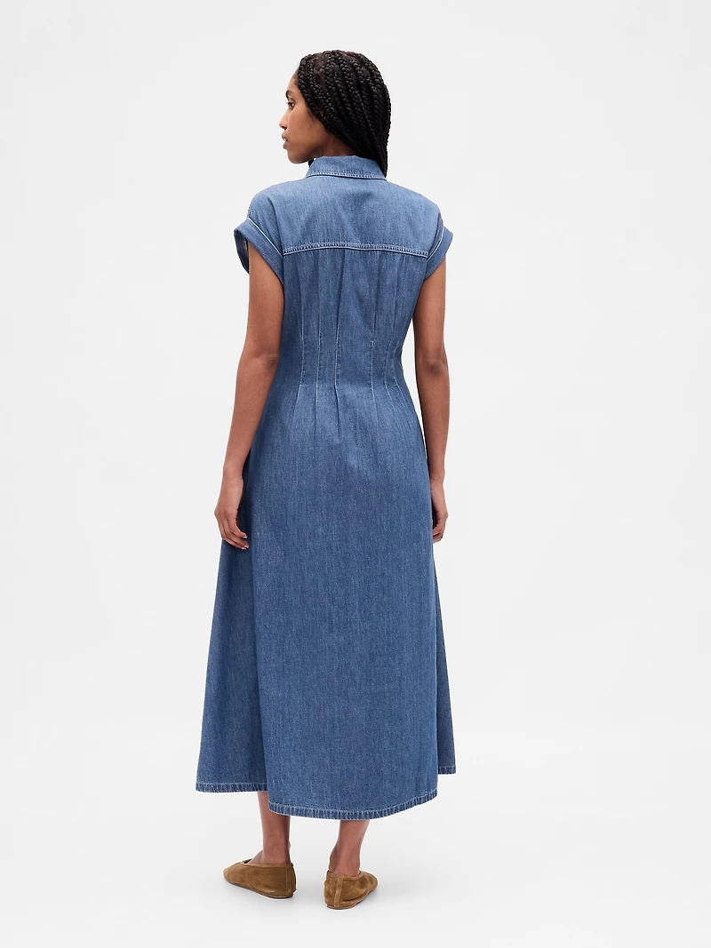 Denim Roll-Cuff Midi Shirtdress