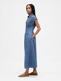 Denim Roll-Cuff Midi Shirtdress