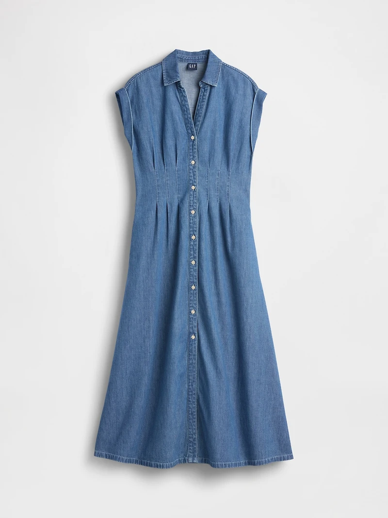 Denim Roll-Cuff Midi Shirtdress