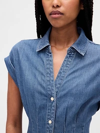Denim Roll-Cuff Midi Shirtdress