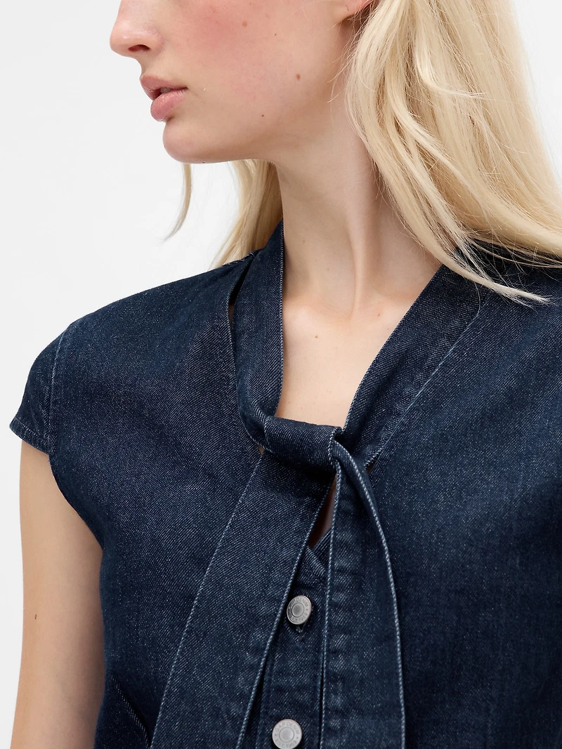 Denim Tie-Neck Top