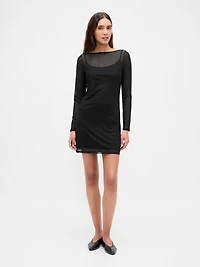 Mesh Boatneck Mini Dress