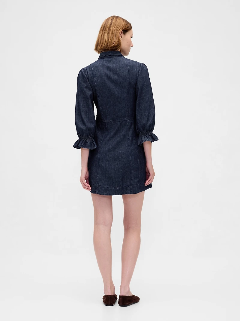 Denim Puff-Sleeve Seamed Mini Dress