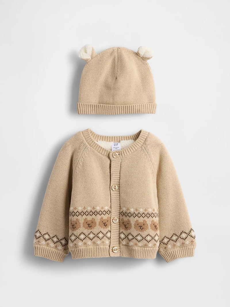 Baby Sherpa-Lined Bear Cardigan Sweater Set