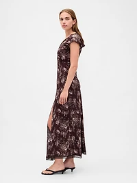 Lace-Trim V-Neck Crepe Maxi Dress
