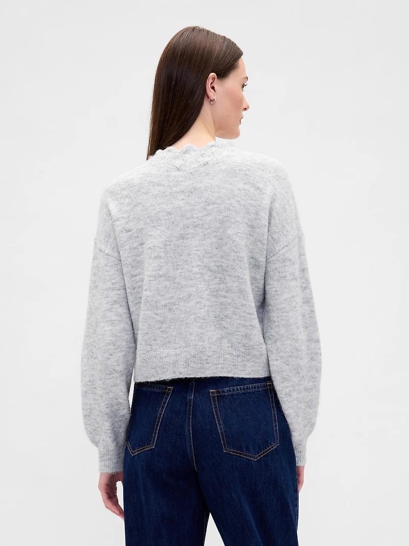 Fuzzy Pointelle Scalloped Crop Cardigan