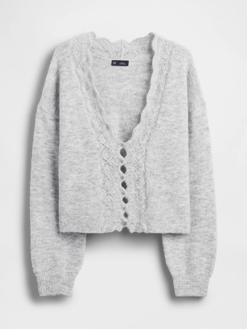 Fuzzy Pointelle Scalloped Crop Cardigan
