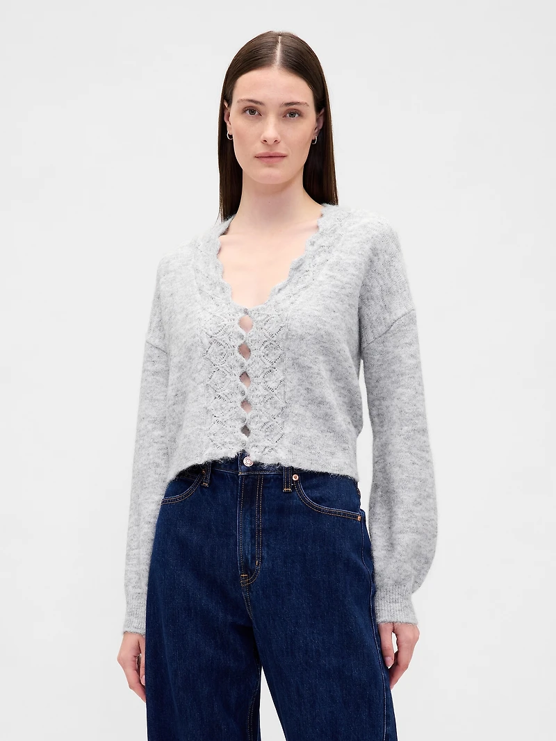 Fuzzy Pointelle Scalloped Crop Cardigan