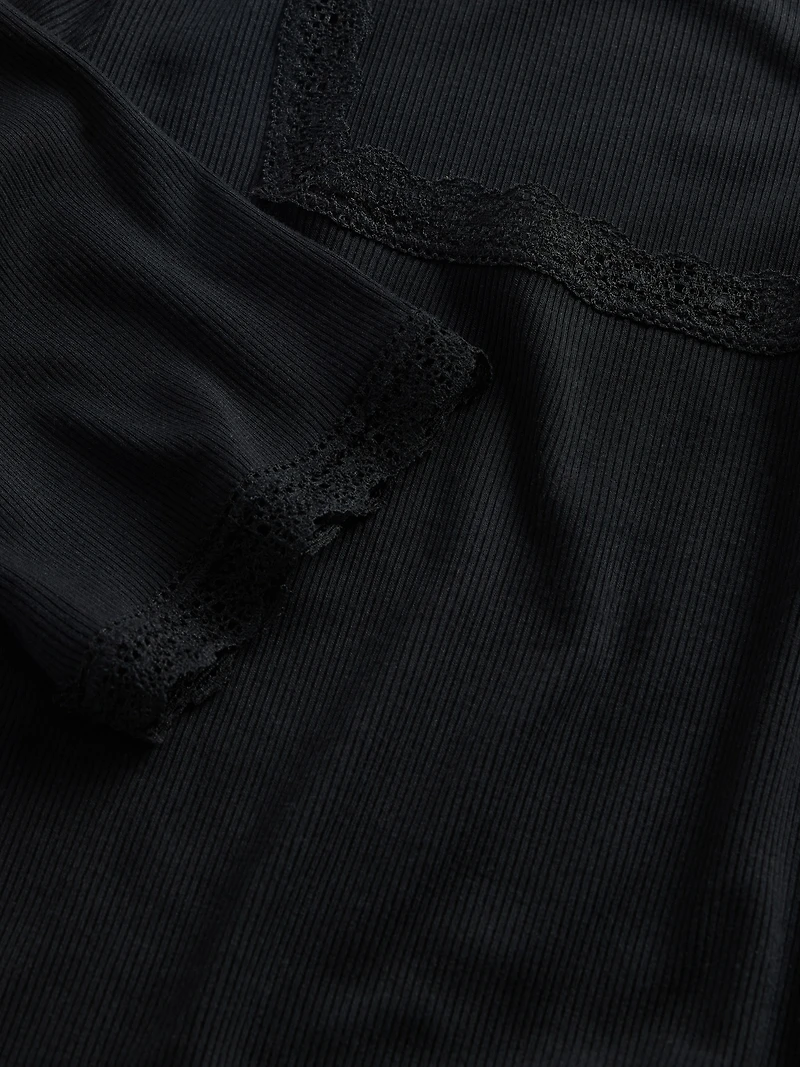 Modal Rib Lace-Trim Square-Neck T-Shirt