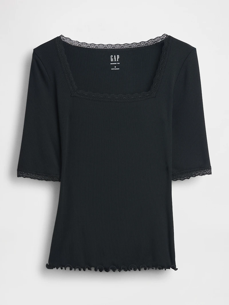 Modal Rib Lace-Trim Square-Neck T-Shirt