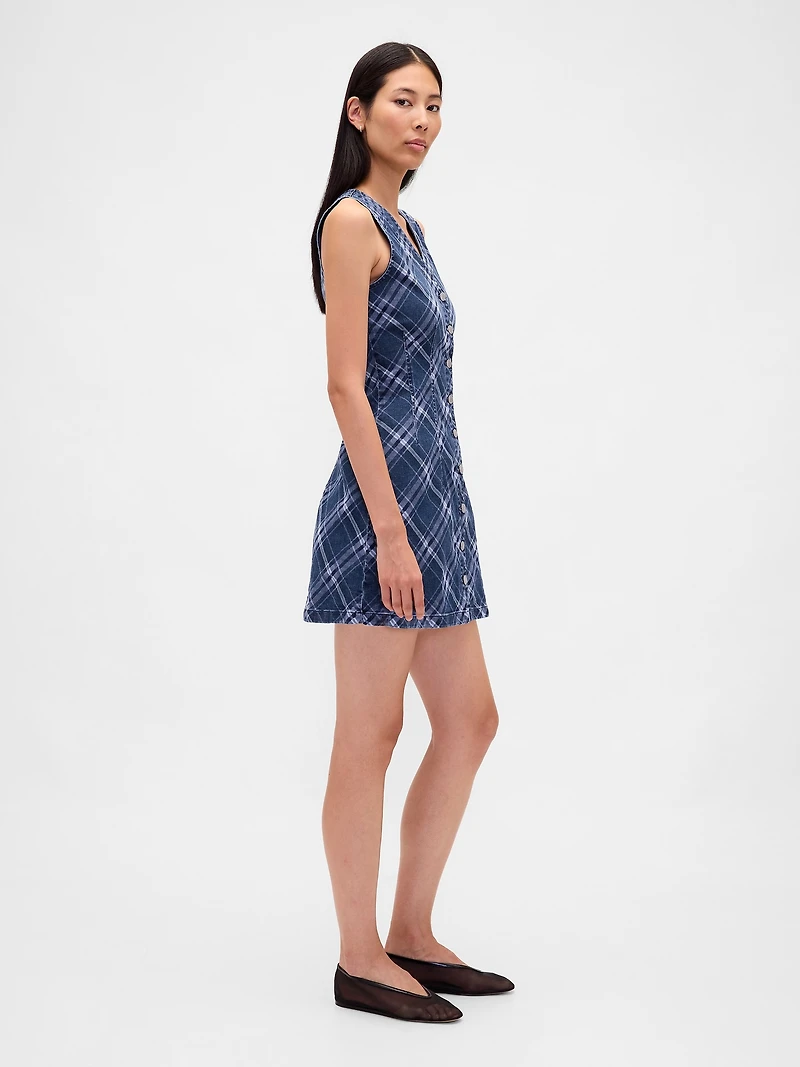 Plaid Denim V-Neck Mini Dress