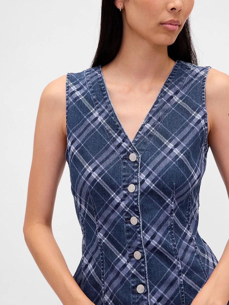 Plaid Denim V-Neck Mini Dress
