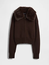 CashSoft Faux-Fur Collar Zip Cardigan Sweater