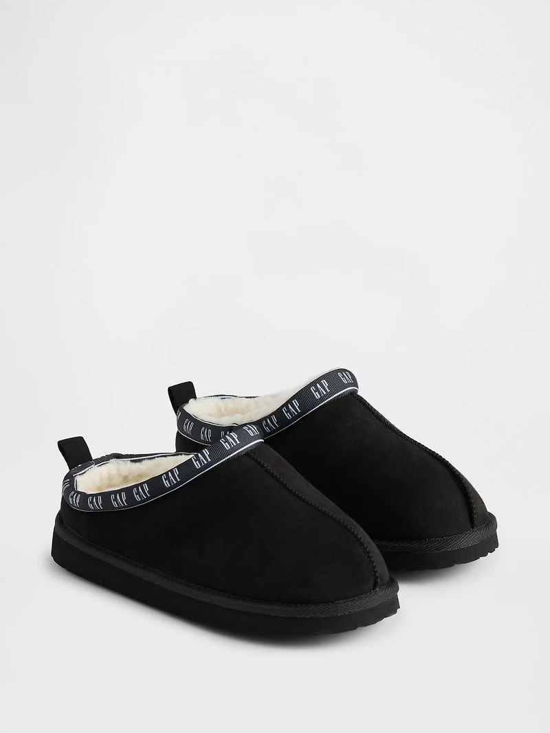 Kids Vegan Suede Sherpa-Lined Logo Slippers